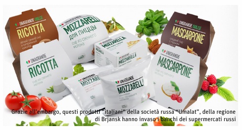 Grazie all’embargo, questi prodotti “italiani” della società russa “Umalat”, della regione di Brjansk hanno invaso i banchi dei supermercati russi